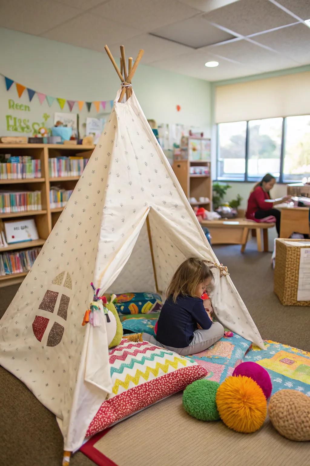 A play tent offers a personal space for peaceful moments.