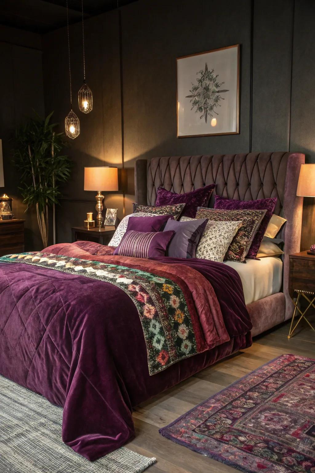 Sumptuous textiles featuring levels of velvet and silk enhance the cozy ambiance.