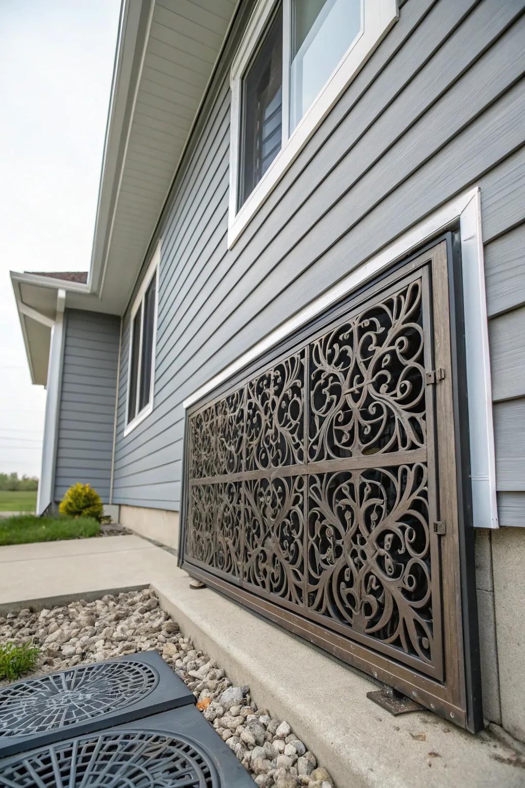 A chic metal grille introduces a modern accent to the crawl space entrance.