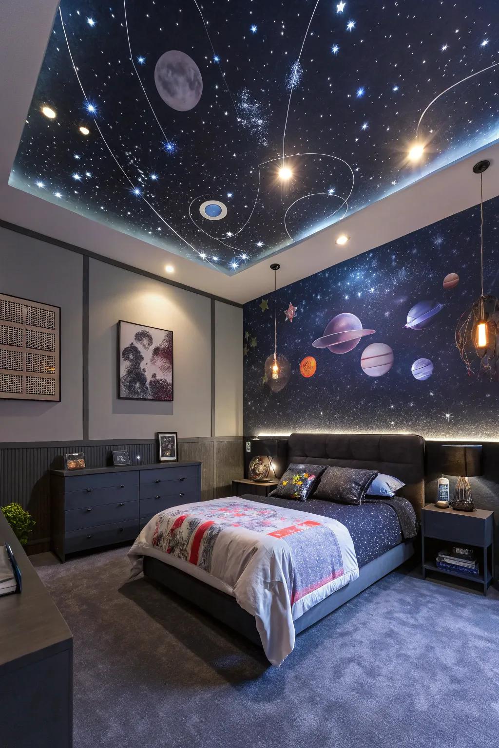 A bedroom designed with cosmic themes including a starry ceiling and celestial decorations.