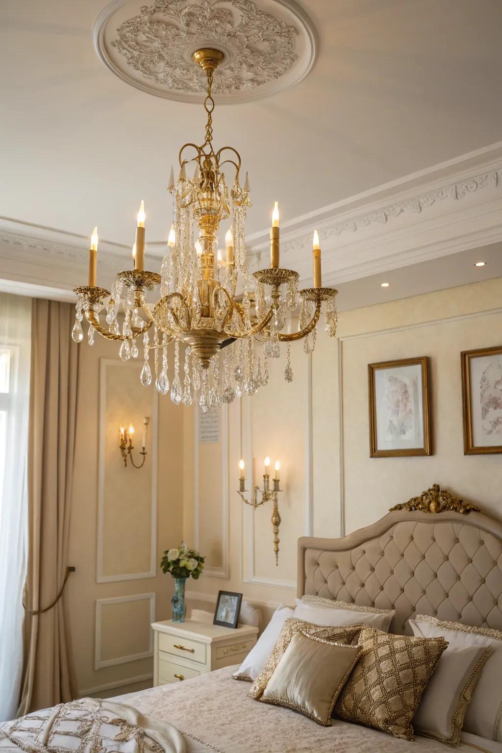 An eye-catching chandelier enriches the room's grandeur and appeal.