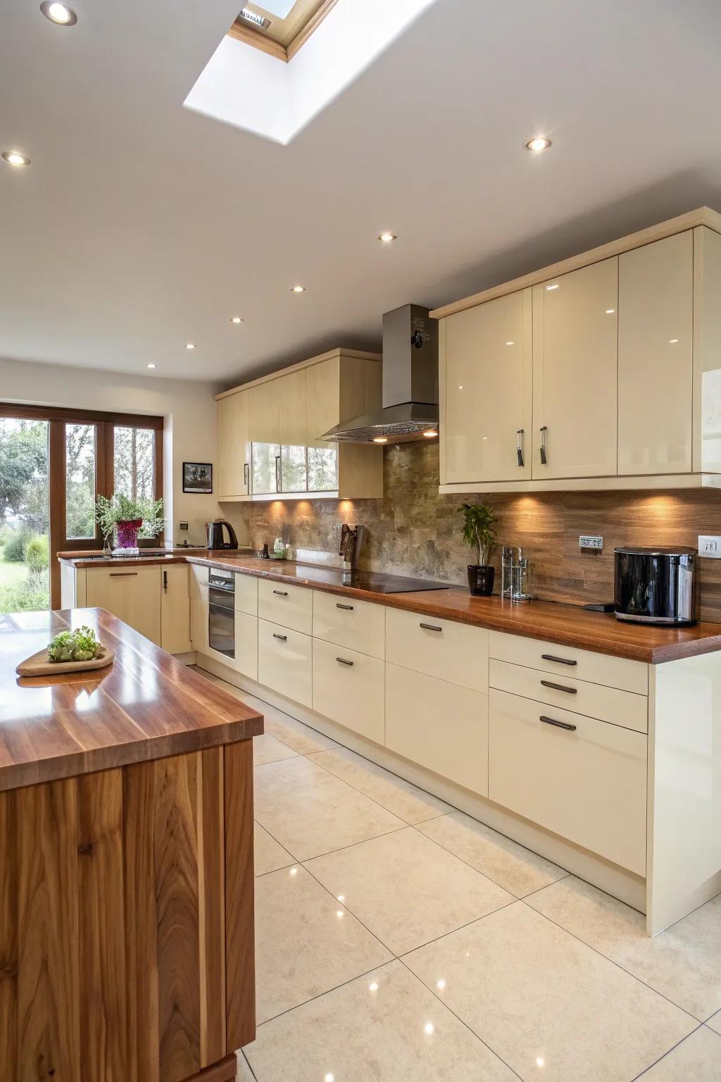 Real wood accents that complement the cream gloss finish, making the kitchen feel warm and welcoming.