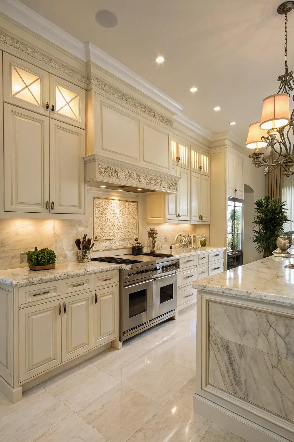 Marble countertops imbue elegance into cream kitchens.