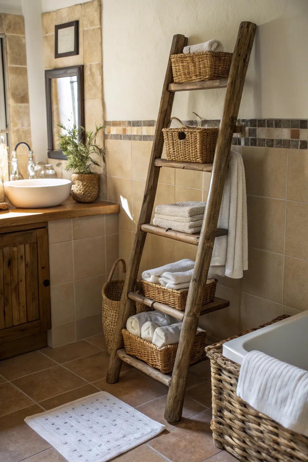 Angled shelves lend a rustic touch while offering a spot for your bath-time goods.