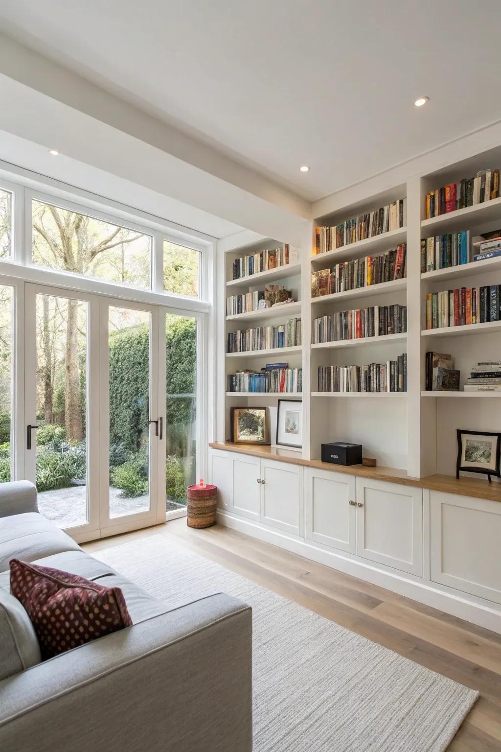 Integrated bookshelves deliver a refined, cohesive aesthetic.