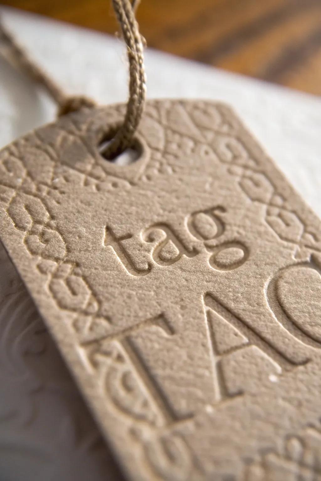 A textured price label with embossed details that beckons you to touch and feel.