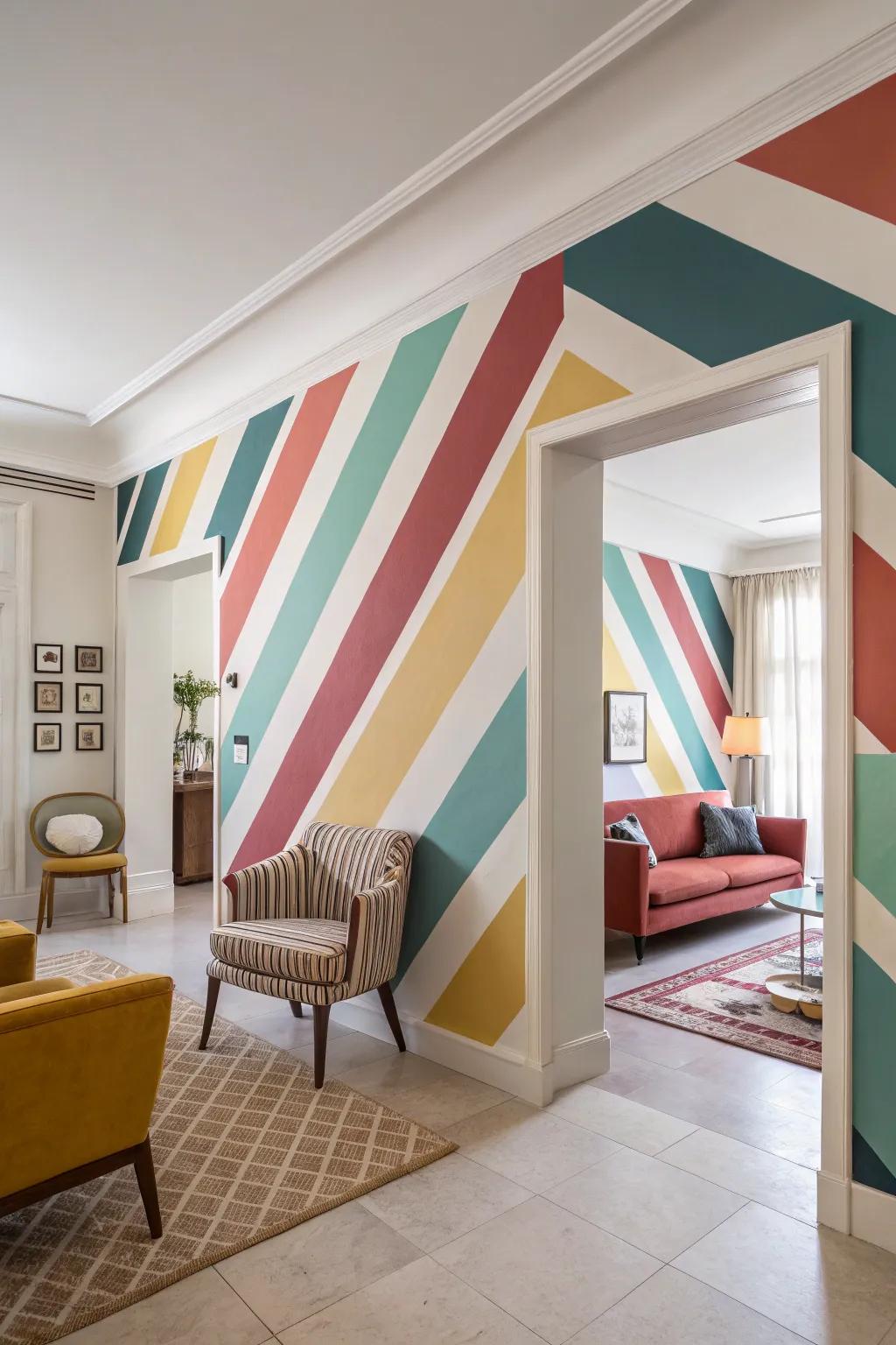 Asymmetrical geometric stripes infuse a room with dynamic flair.