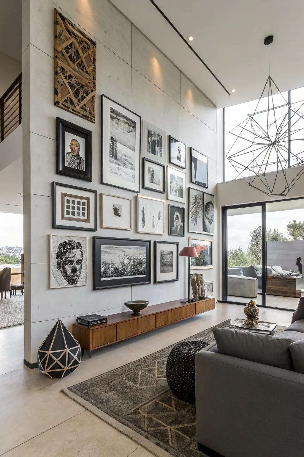 Asymmetrical layouts present a playful interpretation of conventional picture hanging.