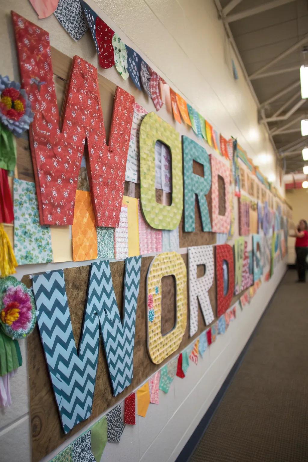 A lively, multi-textured lexical display combining fabric and paper components
