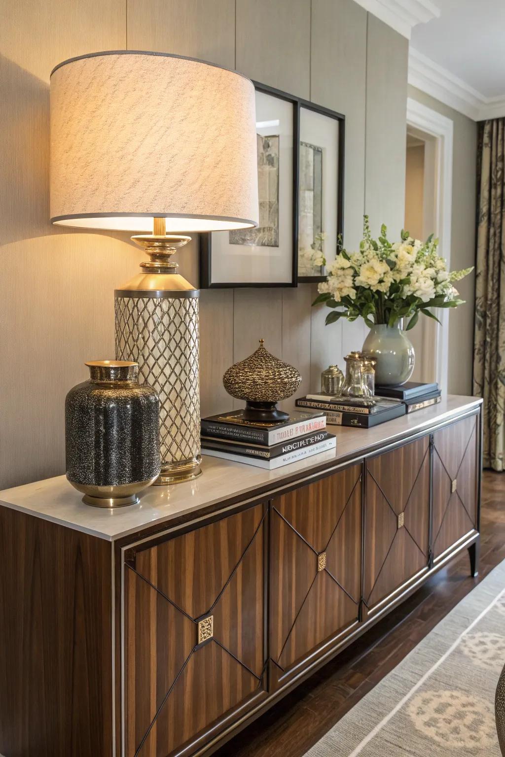 A sideboard enhanced with a chic accent lamp.