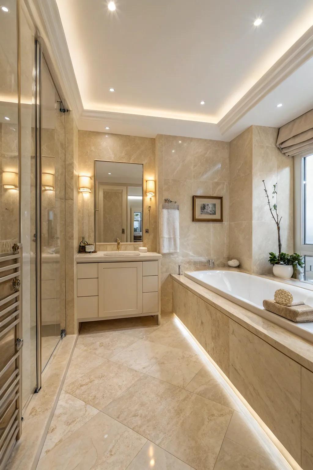 Neutral tones and ivory pearl create a serene bathroom ambiance.