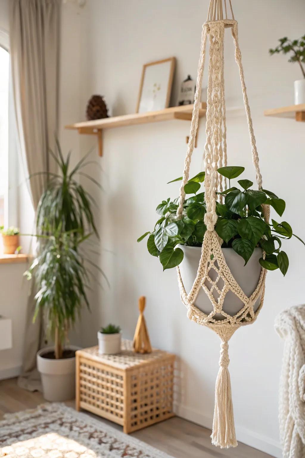 Showcase your plants with chic crochet plant holders for a touch of Boho charm.