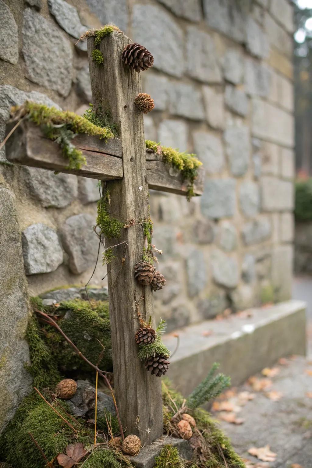 Homespun cross featuring natural verdure and conifer cone highlights