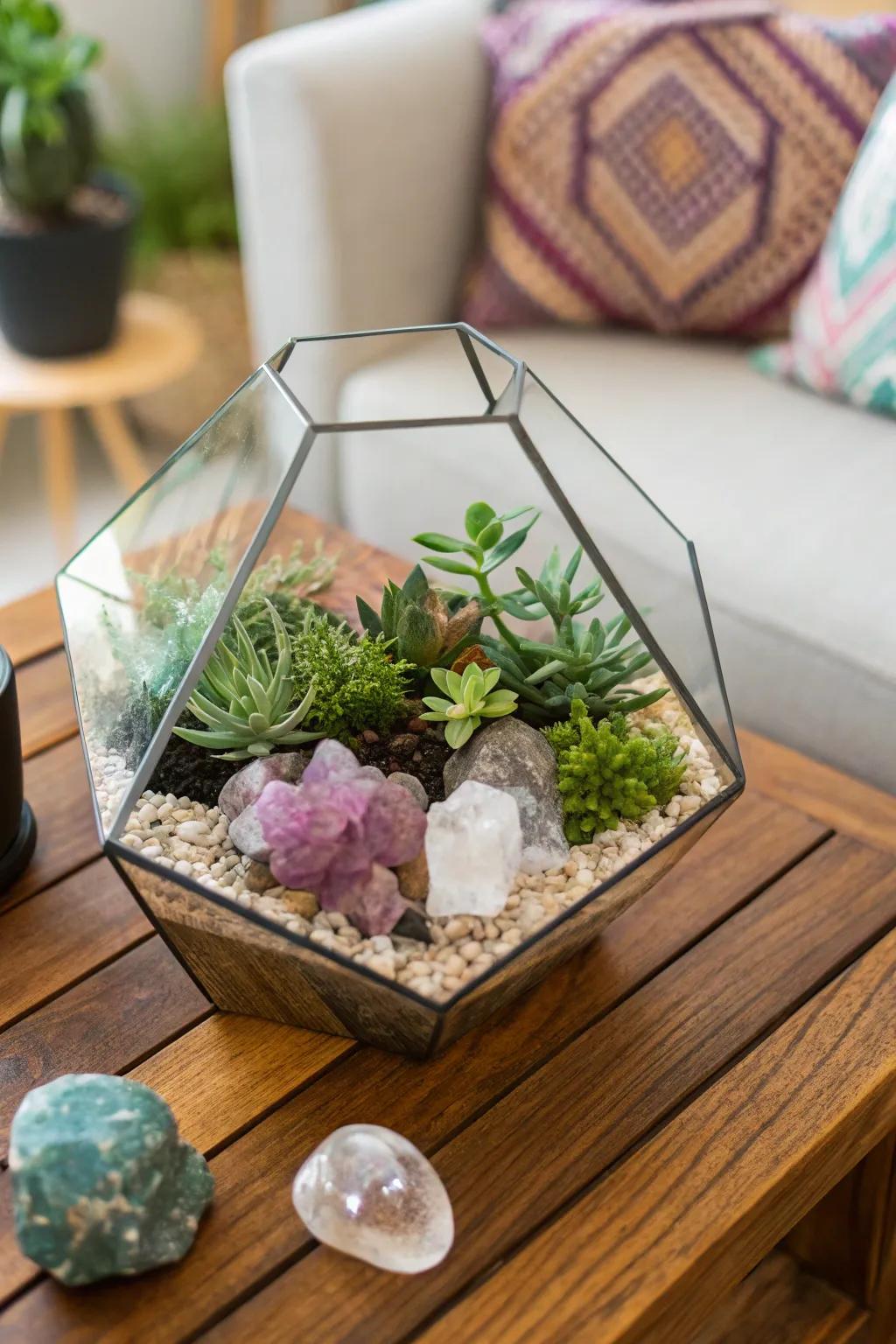 An enclosed glass garden featuring crystals and flora for a natural ambiance.