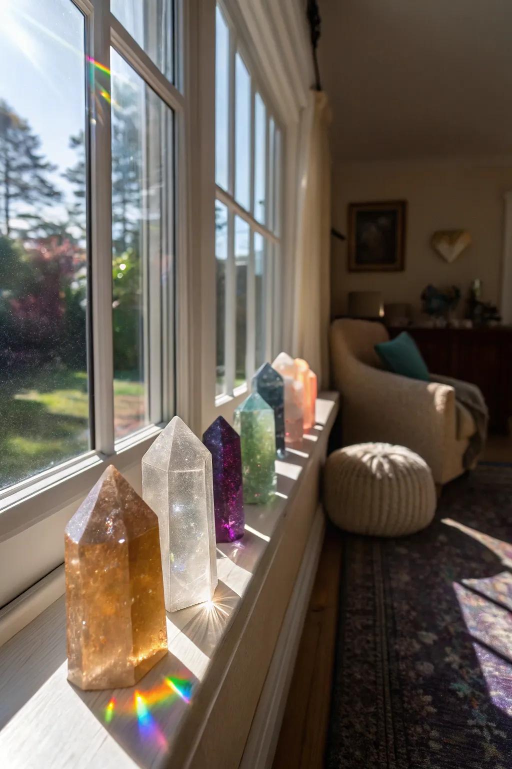 Crystals soaking up the morning sun on a windowsill, radiating warmth and color.