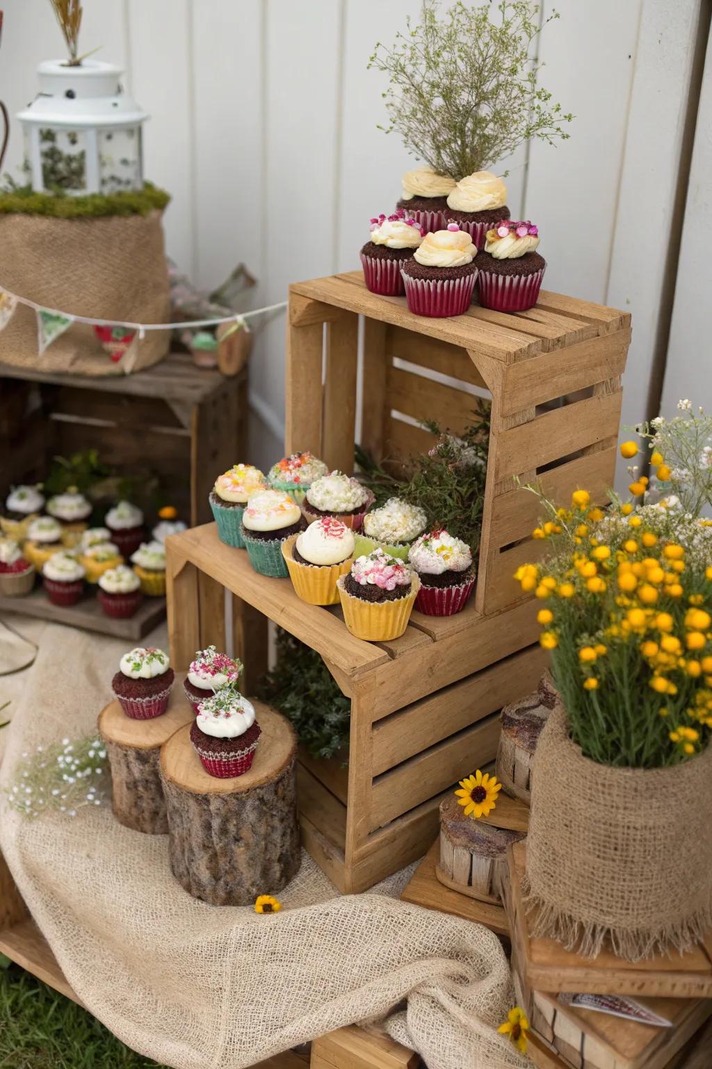 A rustic presentation using wooden boxes for cupcake display.