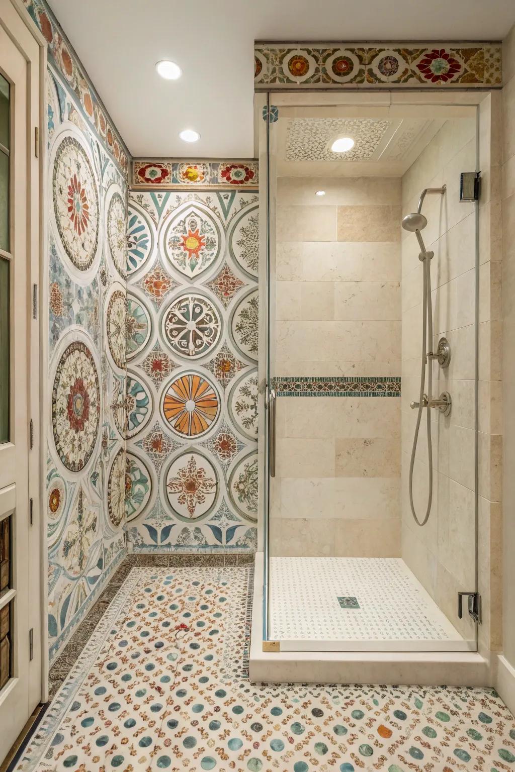 The detailed mosaic tiling brings character and refinement to this barrier-free shower.