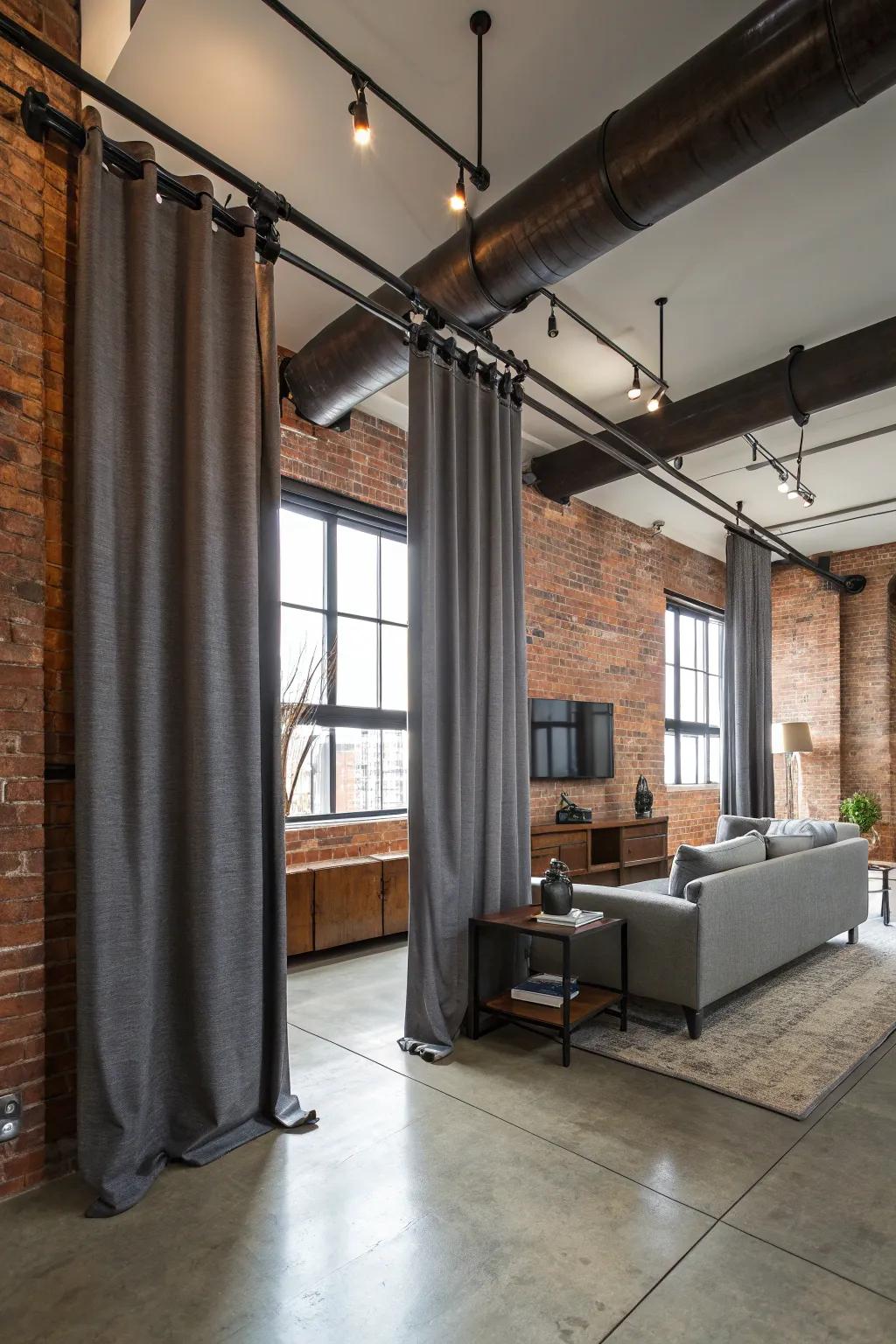 Metal pipes as curtain rods forge a remarkable industrial chic ambiance.