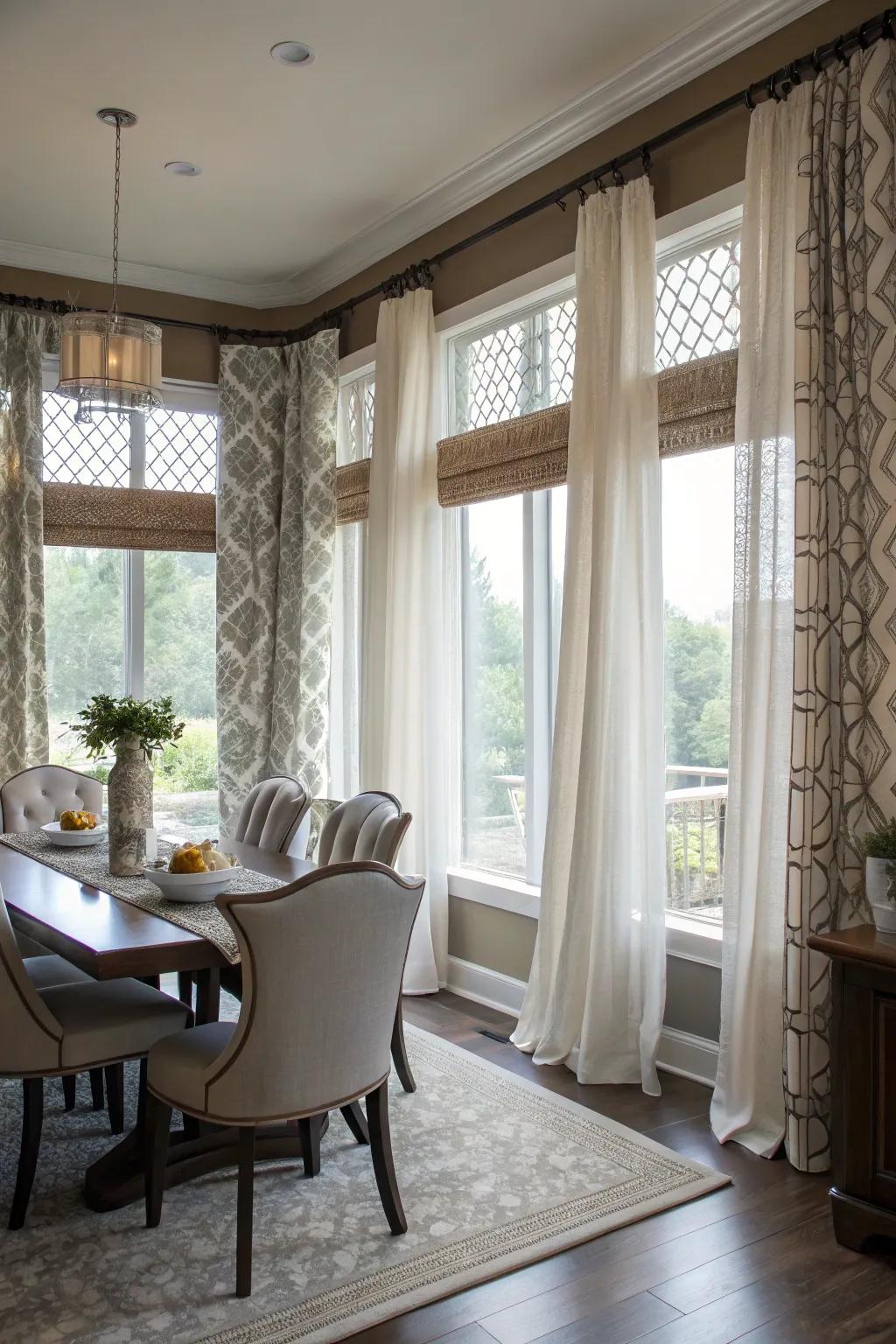 Layered curtains enhance the depth and practicality of spaces with multiple windows.