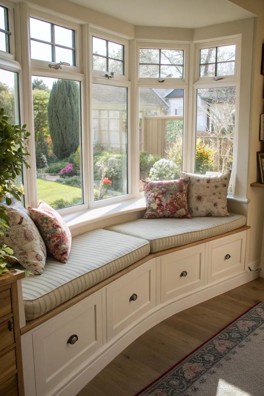 Practical built-in seating, complete with storage, elegantly set in a curved bay window.