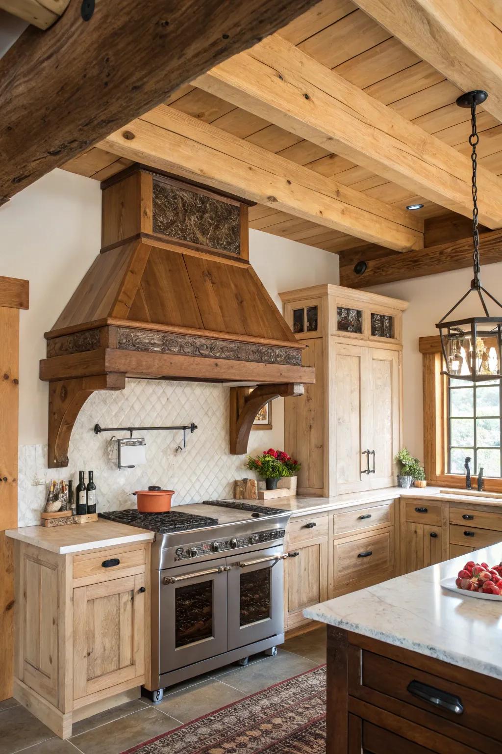 Timber range hoods breathe rustic allure and warmth into kitchen spaces.