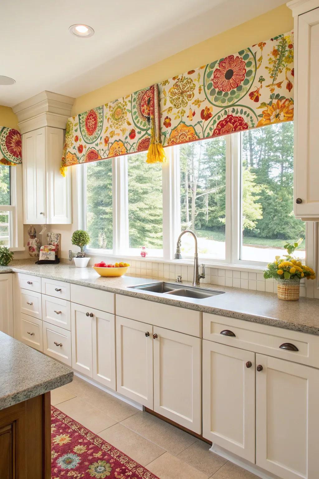 Brighten your kitchen with playful tie and tab top valances.