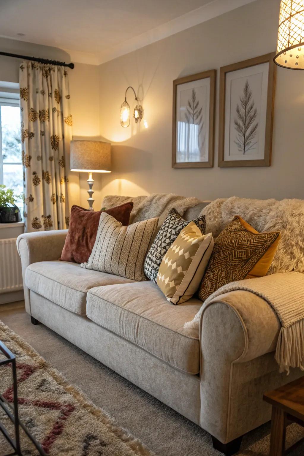 A plush couch embellished with inviting comfort cushions.
