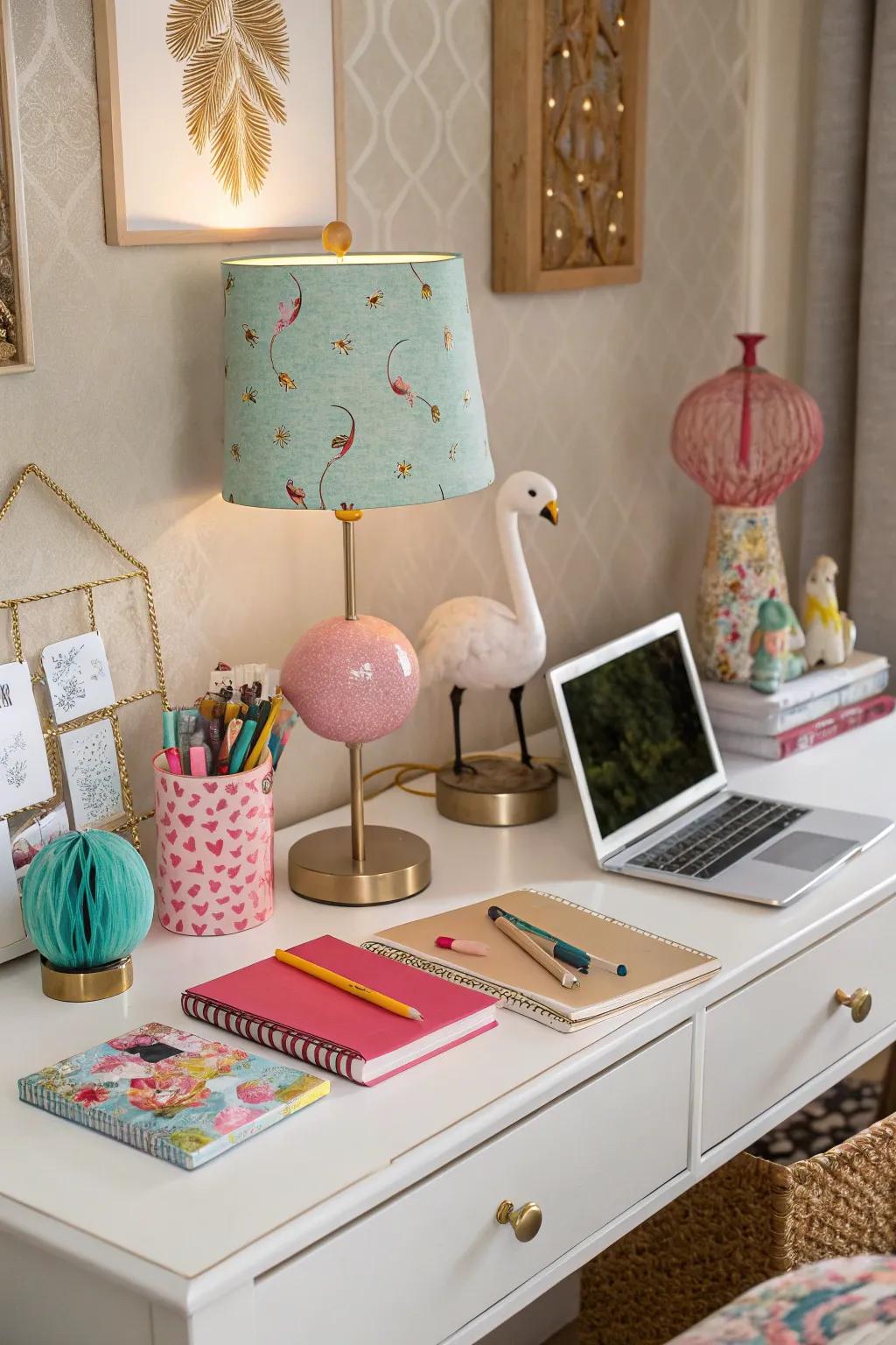 A desk adorned with whimsical decor items, establishing a fun-loving environment.