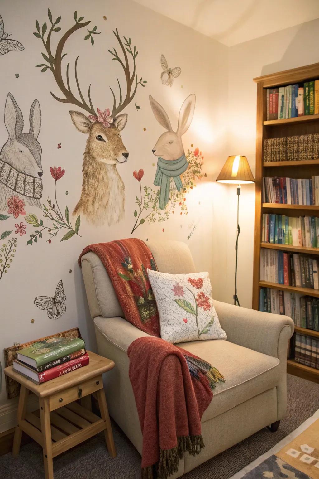 Enchanting forest friends transform a nook into a magical reading space.