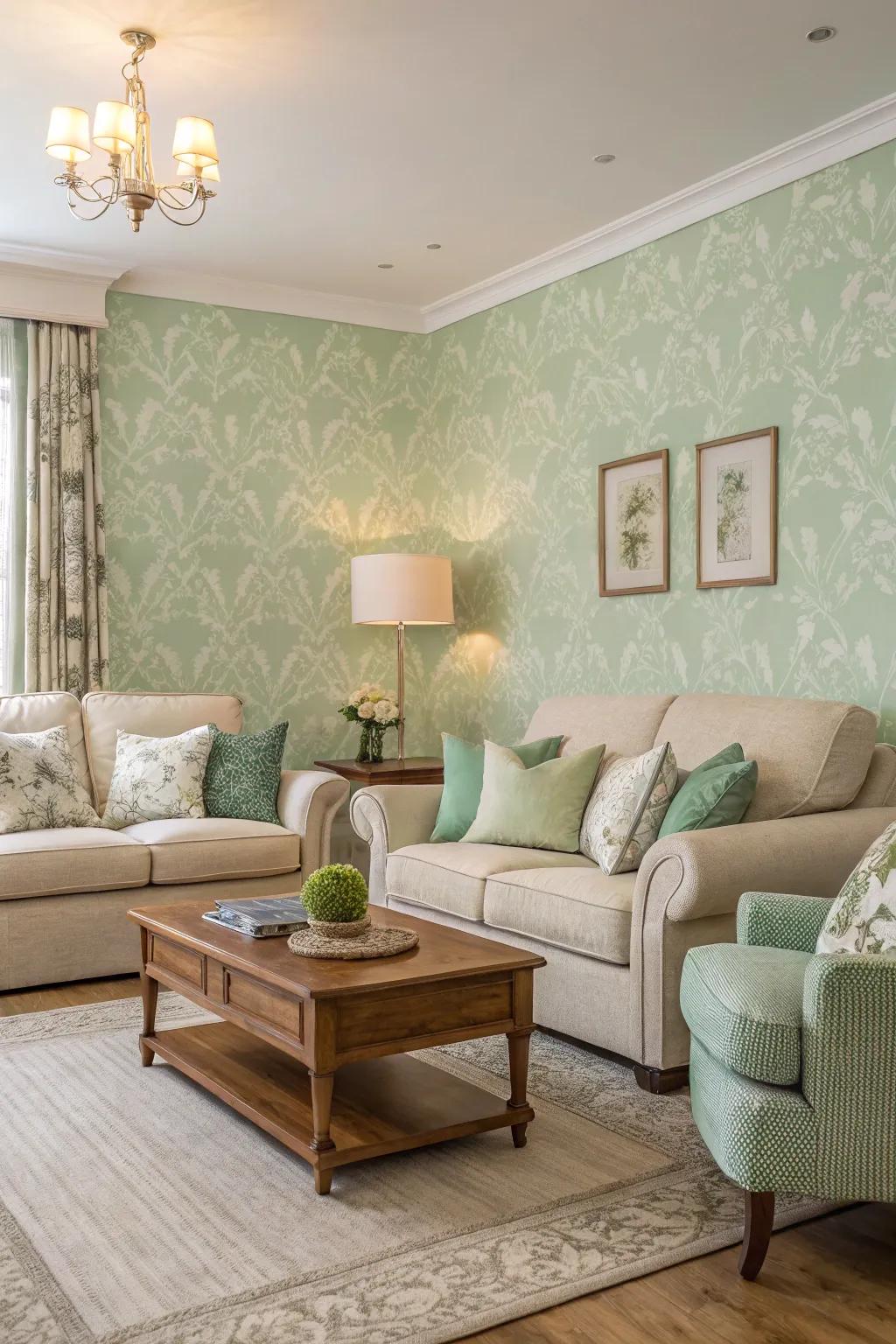 A living room featuring soft green wall covering, perfect for a relaxing retreat.