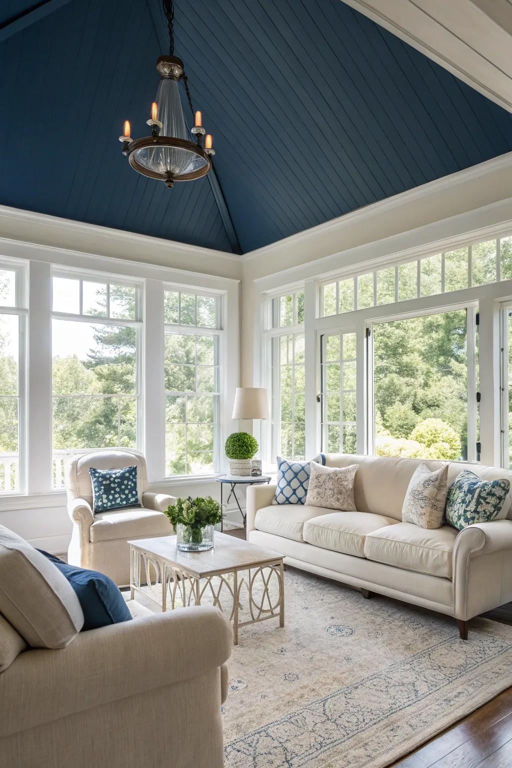 A lounge room exhibiting profundity, attributable to a deeply shaded cerulean overhead.