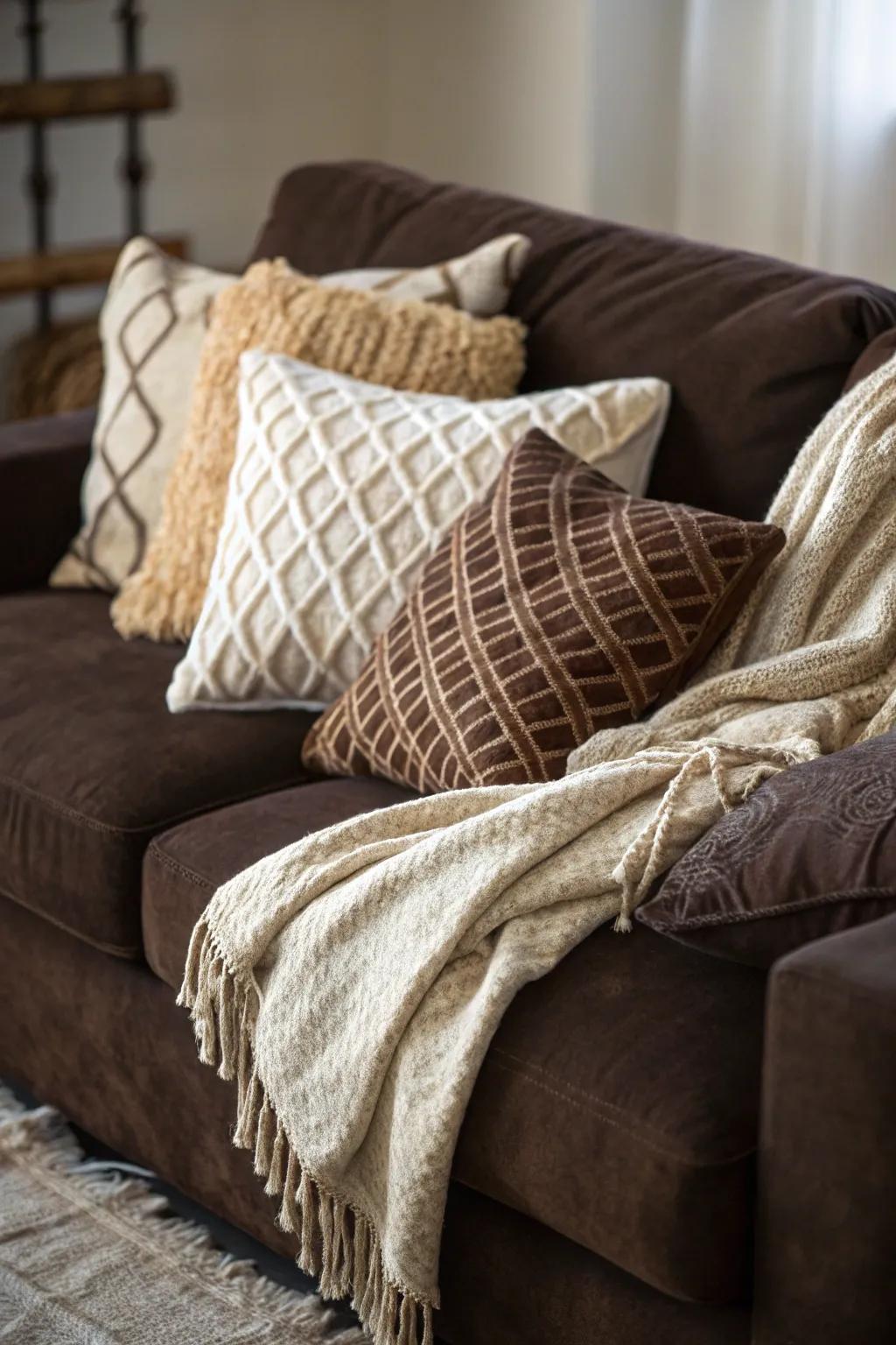 Textural details amplify the elegance of a dark brown sofa.