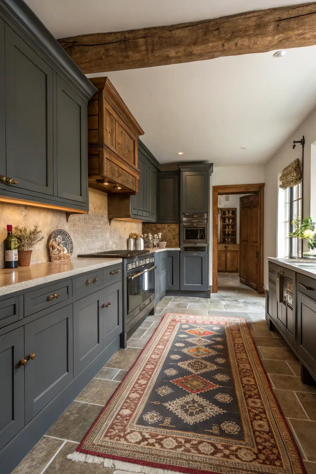 Traditional kitchen enhanced by deep charcoal cabinets and classic timber features.