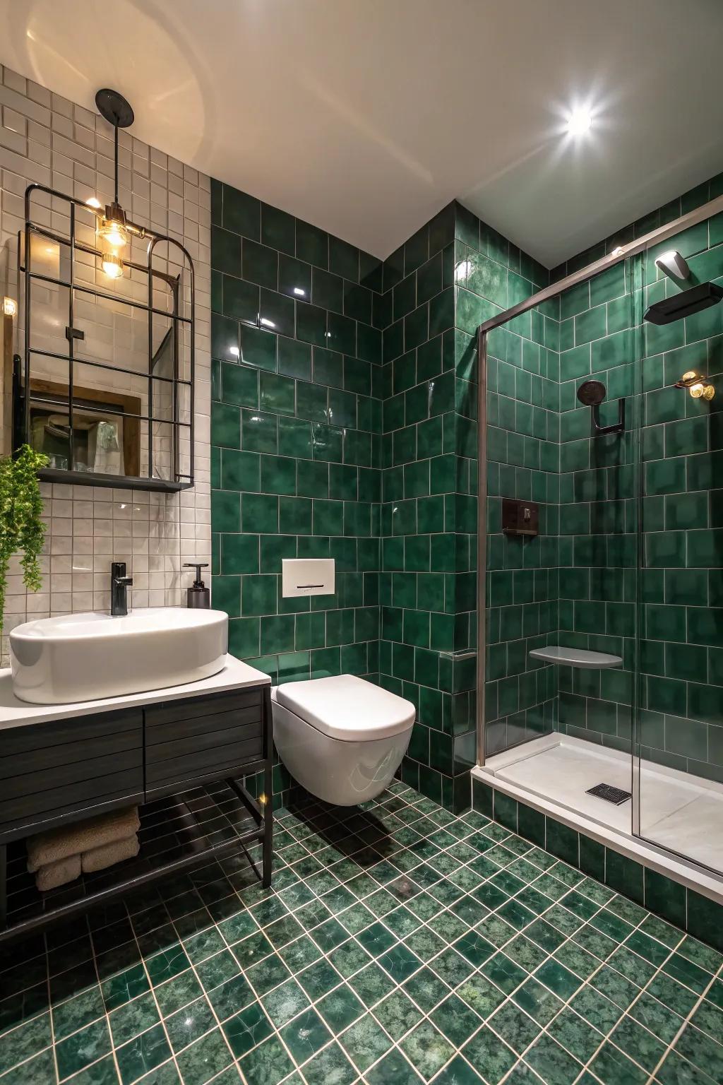 Dark green tiles enhance depth and impart a sense of luxury.