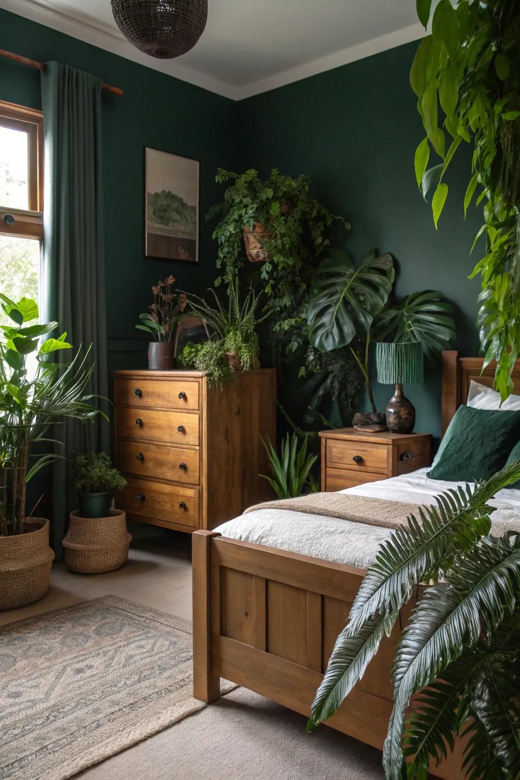 A shadowy jade bedroom embellished with timber furnishings and opulent indoor flora.