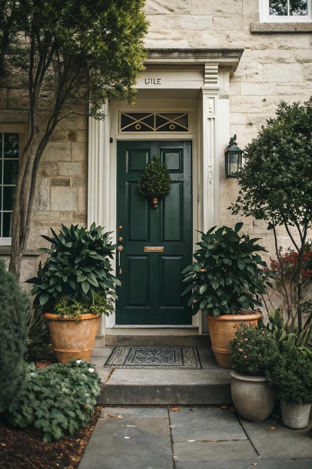 Symmetrical foliage enhances the inviting atmosphere of the entryway.