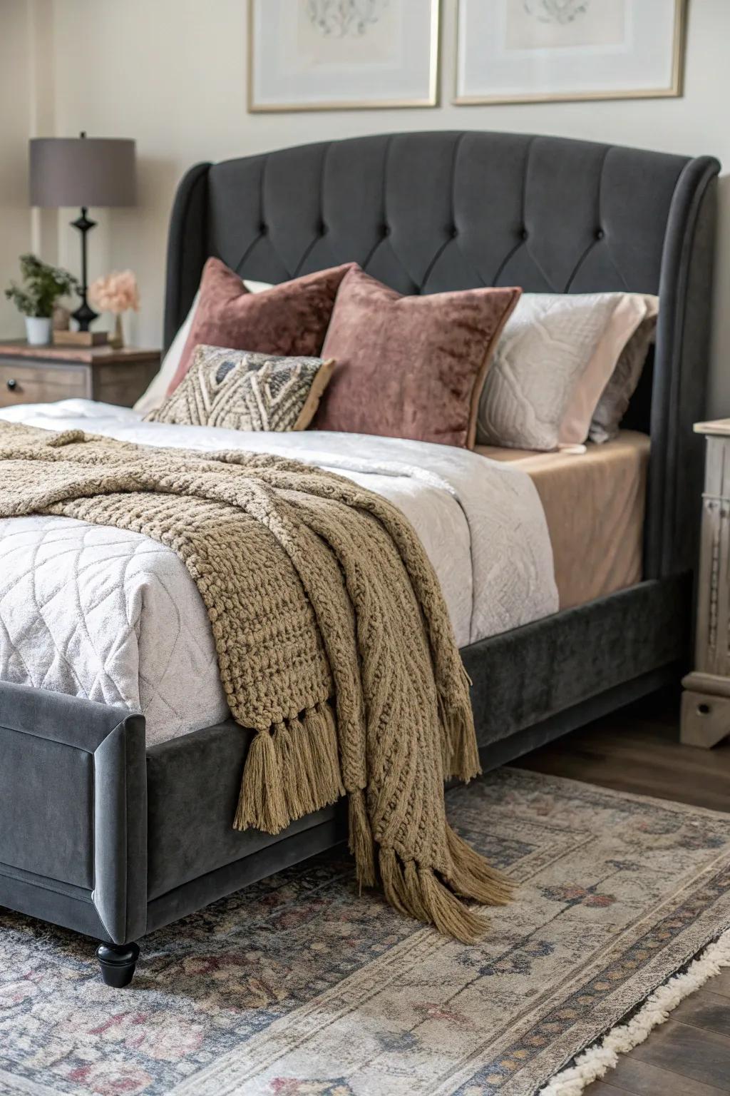 A texturally enriched bedroom featuring a dark grey bed frame and sumptuous textiles.