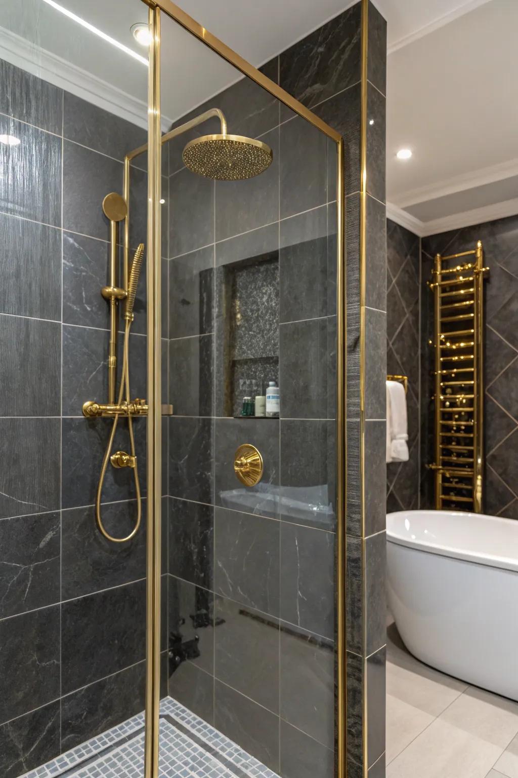 Bright tiling and golden parts bring a lavish atmosphere to this lavatory.