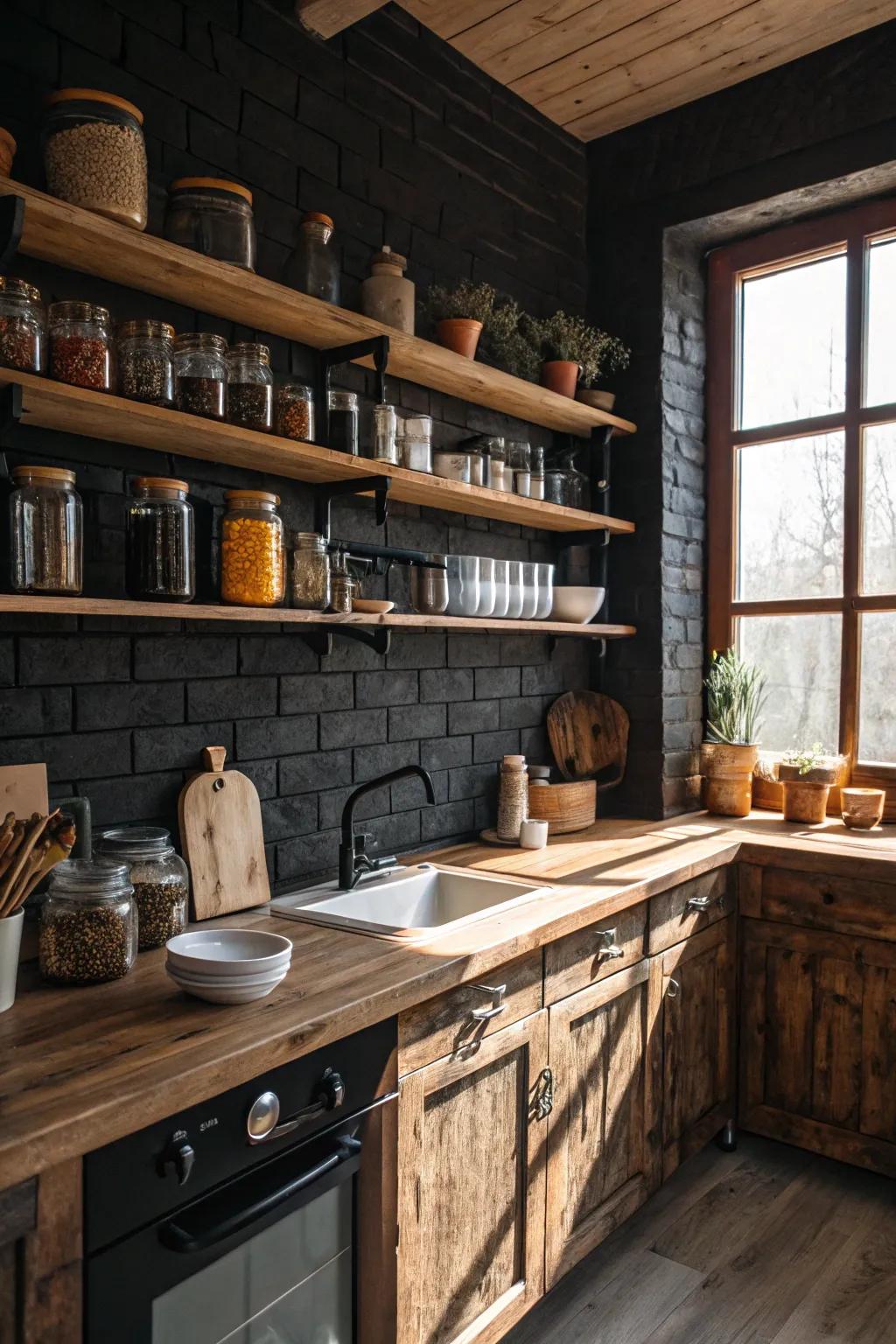 A rustic-style kitchen highlighting a dark brick backsplash and wooden shelving for a warm, inviting atmosphere.