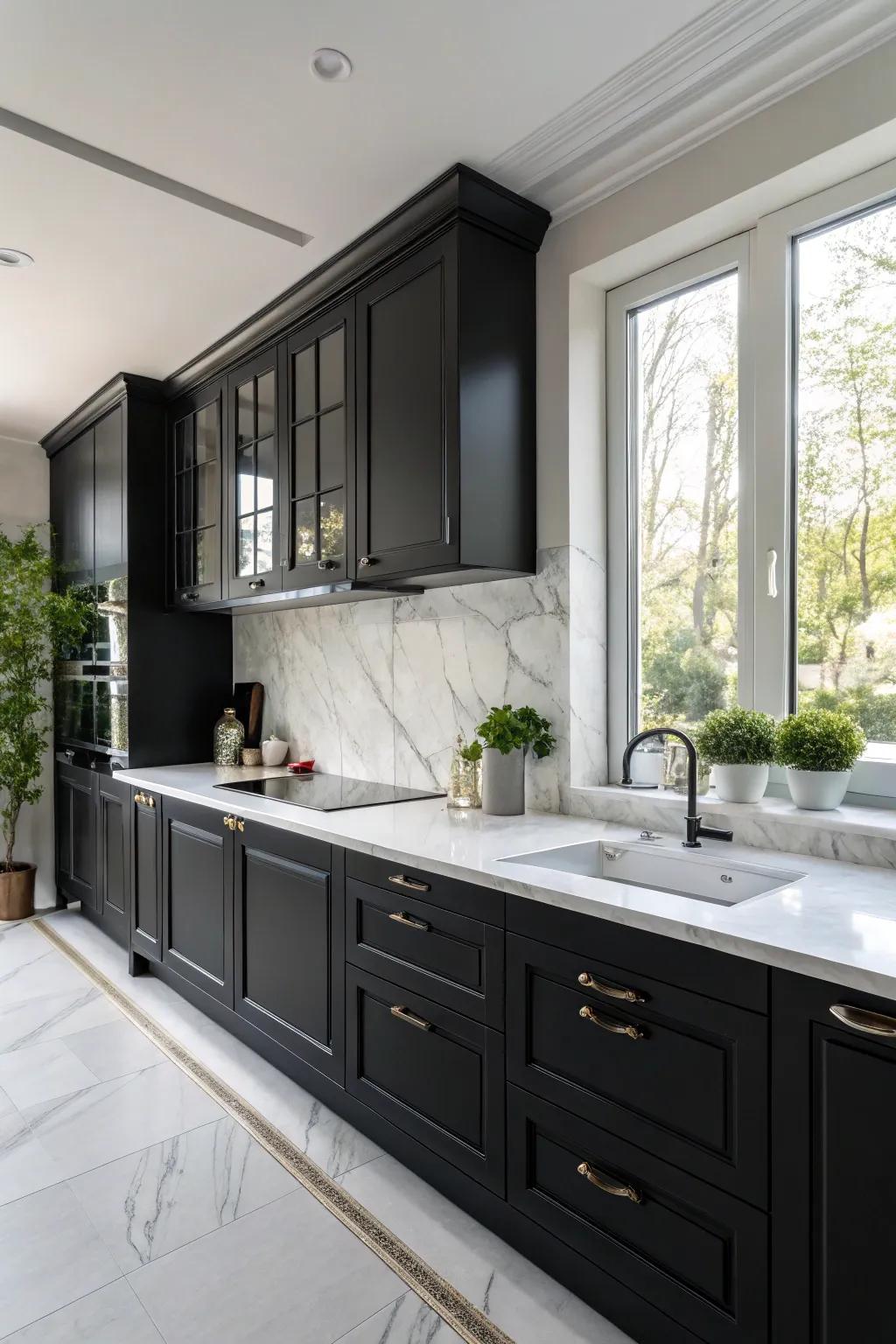 Striking comparison between deep-toned cabinets and ivory rock countertops enhances the kitchen's spaciousness.