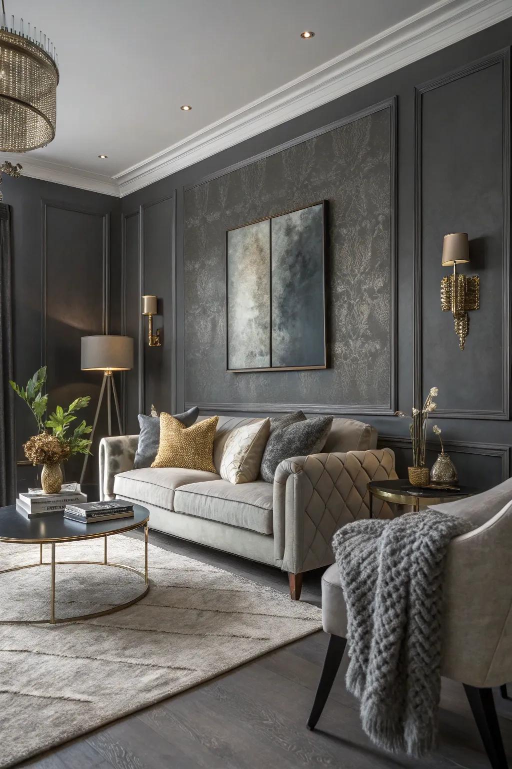 A stylish coal tint living space featuring metallic details and rich textures.