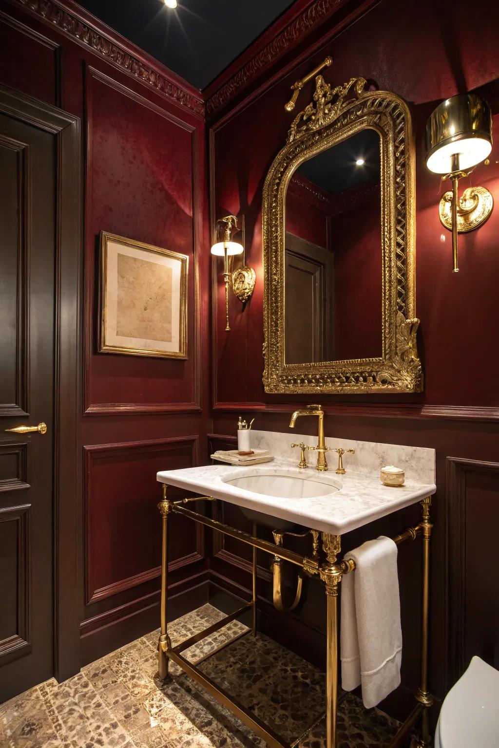 The marriage of dark crimson and gold radiates refinement and opulence.