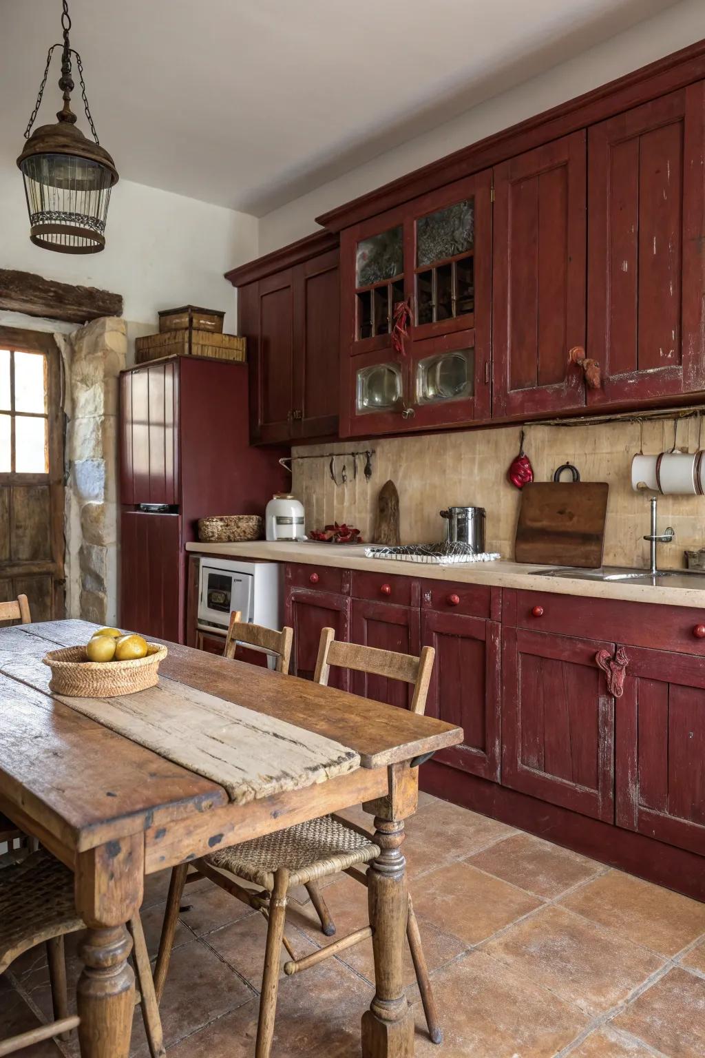 Rustic kitchen showcasing deep crimson cabinets and timber highlights.