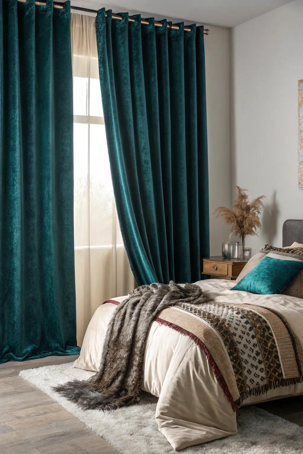 Materials layer a lavish touch of comfort in a dark teal setting.