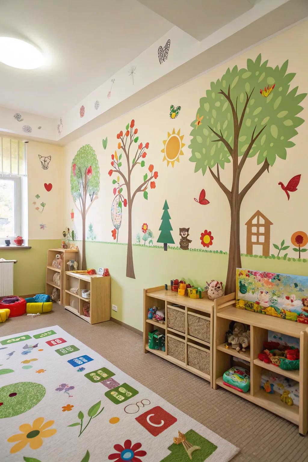Nature-inspired wall art and decorations creating an indoor nature scene.