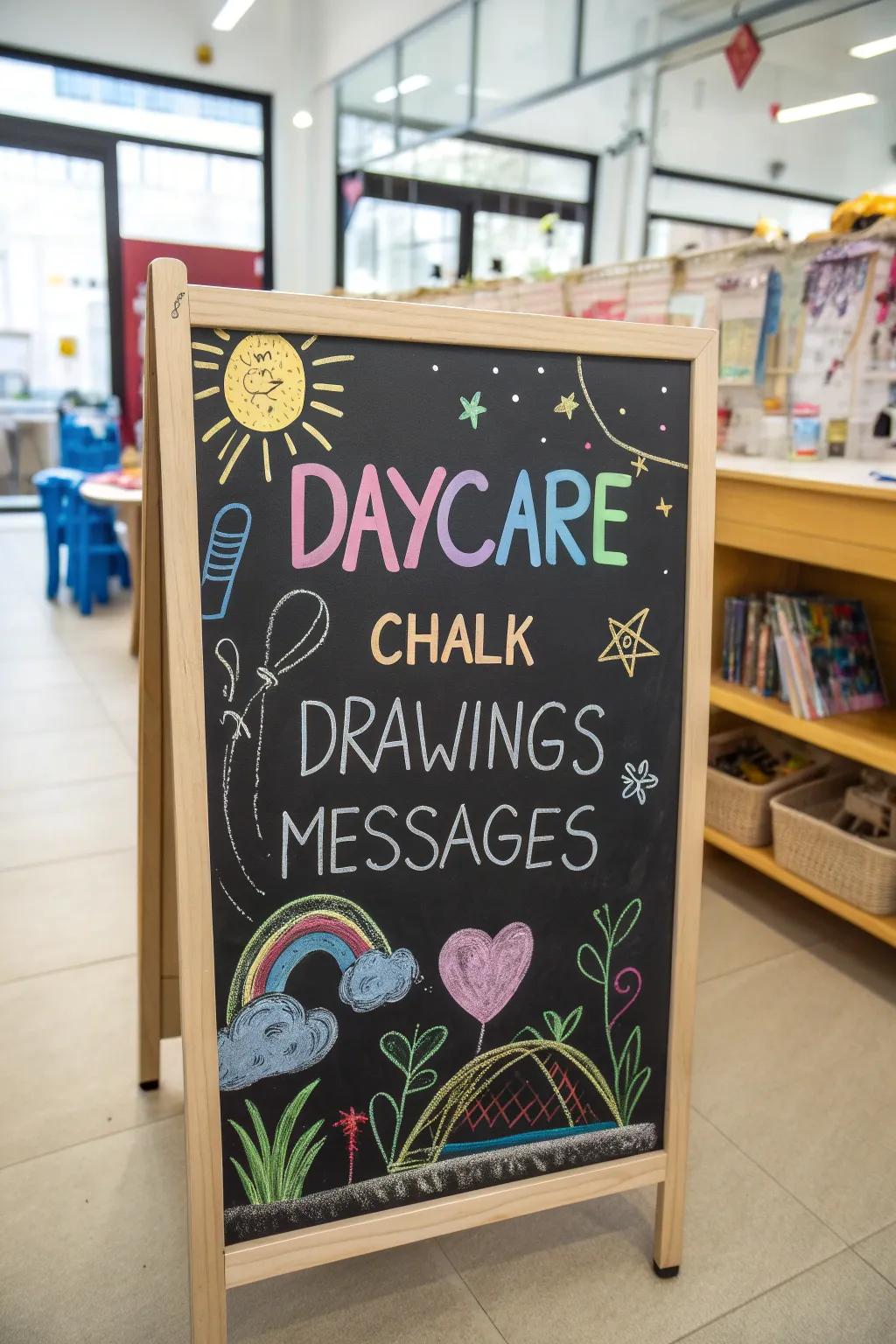 A delightful chalkboard marker at a daycare, showcasing vibrant drawings and personalized notes.