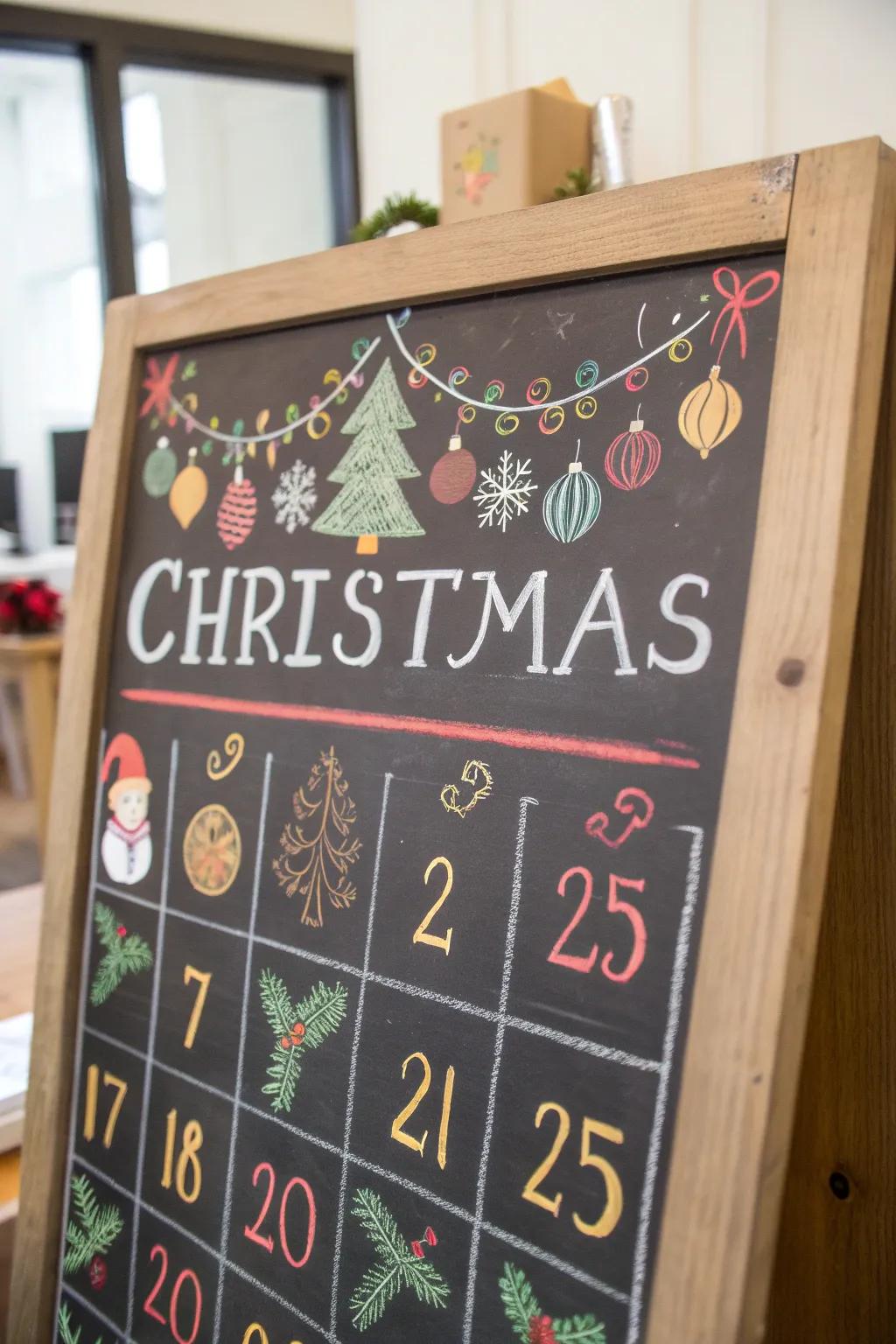 A chalkboard calendar featuring a playful countdown to Christmas.