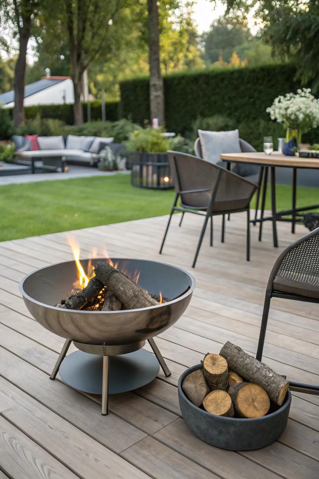 A metal hearth brings a modern spark to your patio, a perfect fit for contemporary spaces.