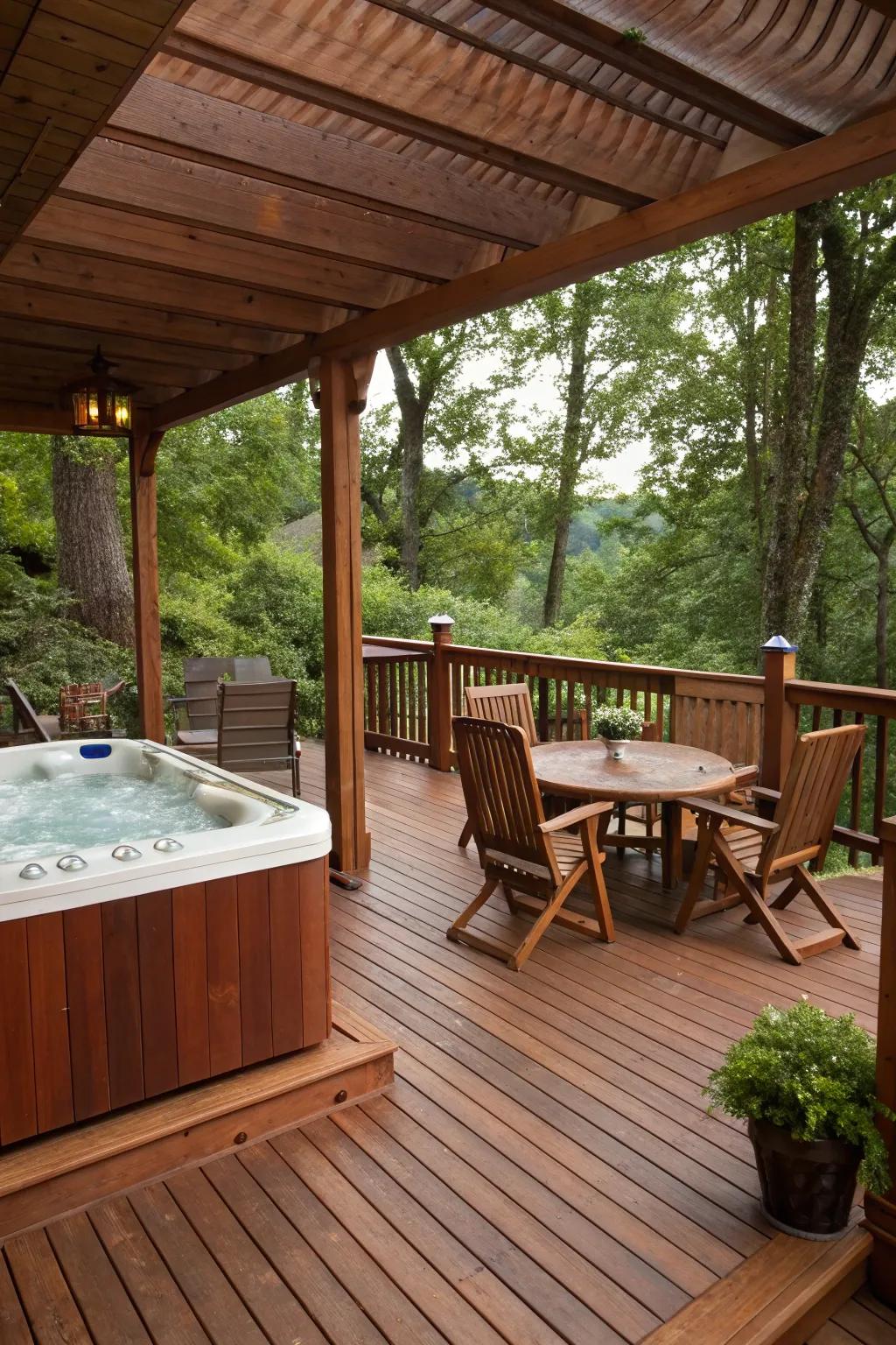 A snug deck featuring warm woodland elements surrounding the hot tub.