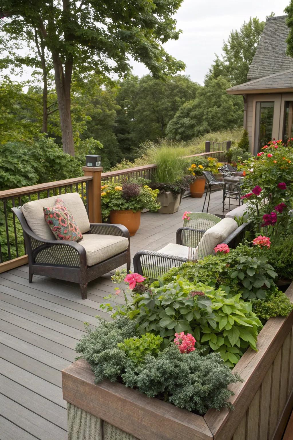 Merge seating with plants for a serene, cohesive retreat.